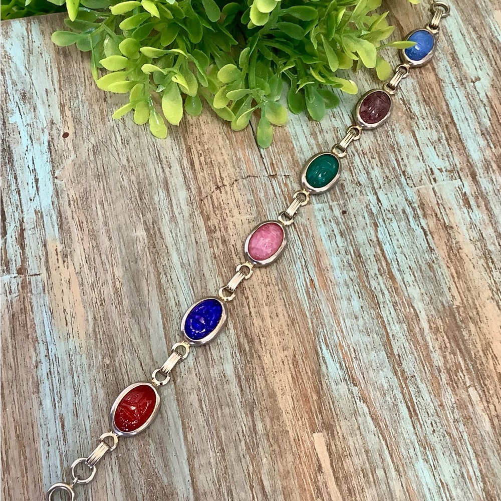 Vintage, Scarab Multicolor Gemstone Link Bracelet